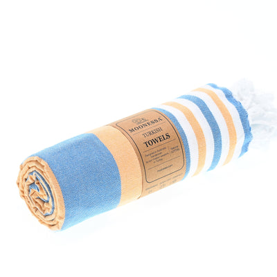 Turkish Towel, Beach Bath Towel, Moonessa Bondi Beach Series, Handwoven, Combed Natural Cotton, 330g, Blue-Orange, roll