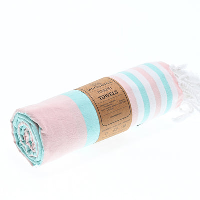 Turkish Towel, Beach Bath Towel, Moonessa Bondi Beach Series, Handwoven, Combed Natural Cotton, 330g, Pink-Mint, roll