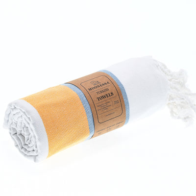 Turkish Towel, Beach Bath Towel, Moonessa Fremantle Series, Handwoven, Combed Natural Cotton, 340g, Orange-Blue-Grey, roll