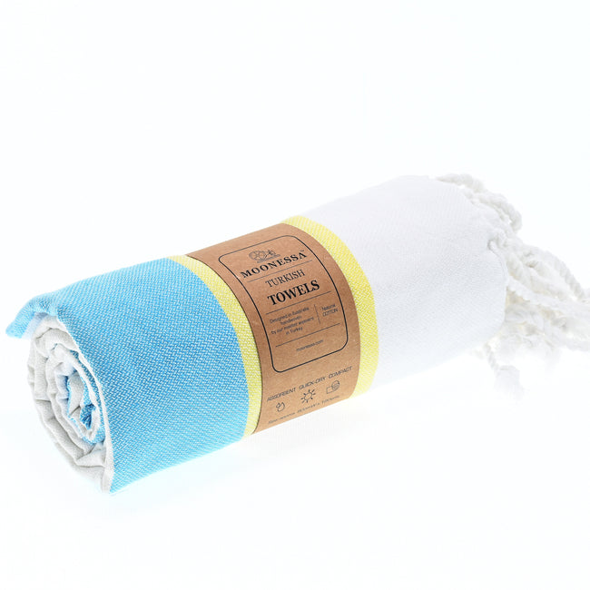 Turkish Towel, Beach Bath Towel, Moonessa Fremantle Series, Handwoven, Combed Natural Cotton, 340g, Turquoise-Yellow-Grey, roll