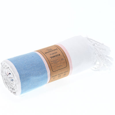 Turkish Towel, Beach Bath Towel, Moonessa Fremantle Series, Handwoven, Combed Natural Cotton, 340g, Pink-Blue-Grey, roll