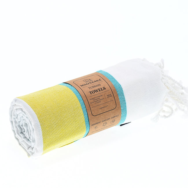 Turkish Towel, Beach Bath Towel, Moonessa Fremantle Series, Handwoven, Combed Natural Cotton, 340g, Teal-Yellow-Grey, roll