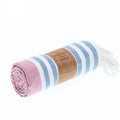 Turkish Towel, Beach Bath Towel, Moonessa Avalon Series, Handwoven, Combed Natural Cotton, 300g, Rose Pink-Light Blue, roll