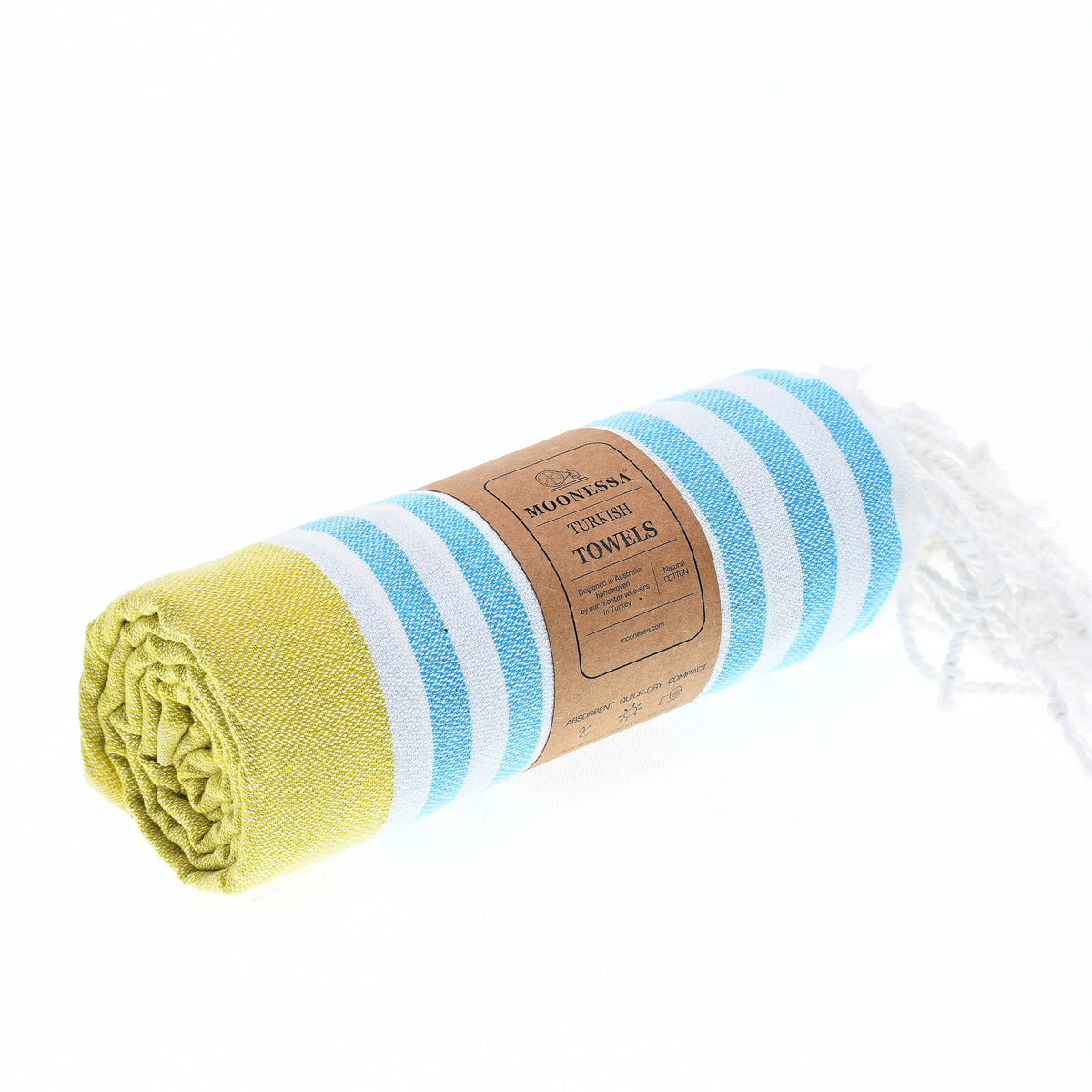 Turkish Towel, Beach Bath Towel, Moonessa Avalon Series, Handwoven, Combed Natural Cotton, 300g, Yellow-Turquoise, roll
