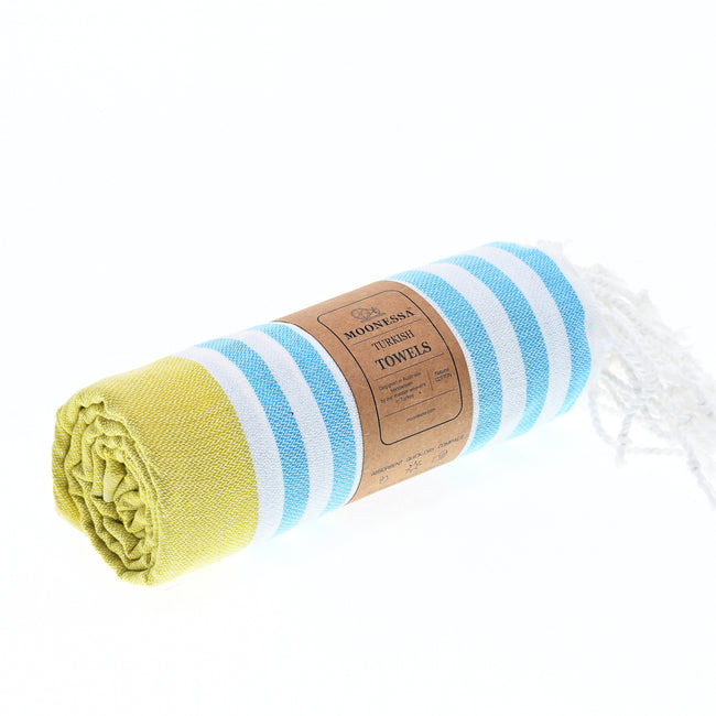 Turkish Towel, Beach Bath Towel, Moonessa Avalon Series, Handwoven, Combed Natural Cotton, 300g, Yellow-Turquoise, roll
