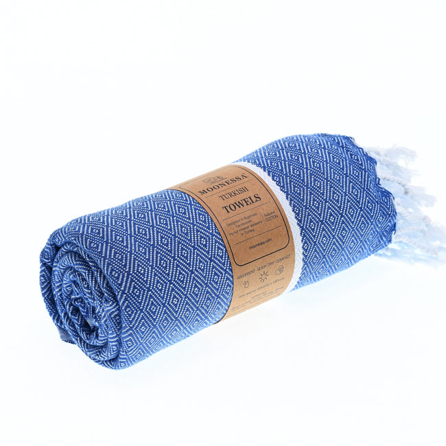 Turkish Towel, Beach Bath Towel, Moonessa Sydney Series, Handwoven, Combed Natural Cotton, 410g, RoyalBlue, roll