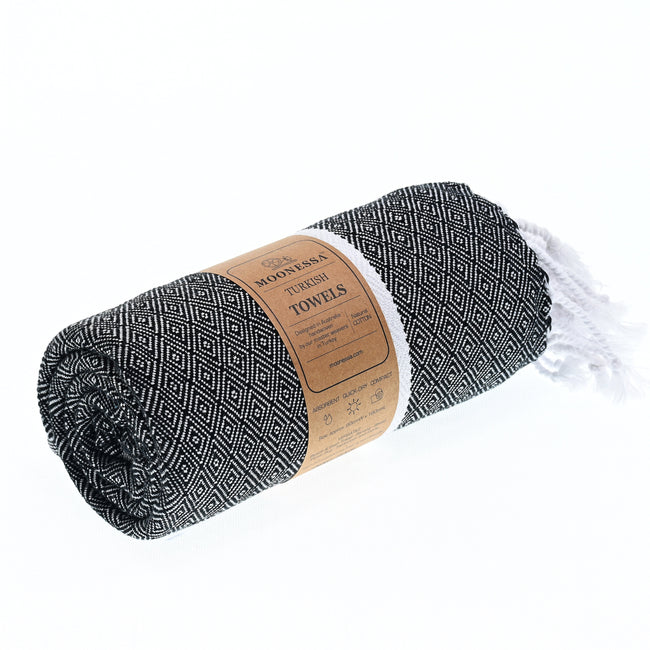 Turkish Towel, Beach Bath Towel, Moonessa Sydney Series, Handwoven, Combed Natural Cotton, 410g, Black, roll