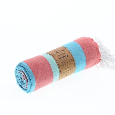 Turkish Towel, Beach Bath Towel, Moonessa Swan River Series, Handwoven, Combed Natural Cotton, 330g, Vermilion-Turquoise-Sky Blue, roll