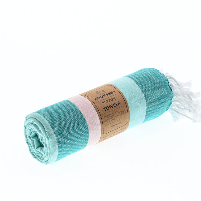 Turkish Towel, Beach Bath Towel, Moonessa Swan River Series, Handwoven, Combed Natural Cotton, 330g, Teal-Mint-Candy Pink, roll