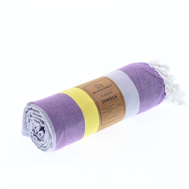 Turkish Towel, Beach Bath Towel, Moonessa Swan River Series, Handwoven, Combed Natural Cotton, 330g, Purple-Lilac-Yellow, roll