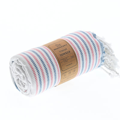 Turkish Towel, Beach Bath Towel, Moonessa Gold Coast Series, Handwoven, Combed Natural Cotton, 420g, Coral Blue-Pink, roll
