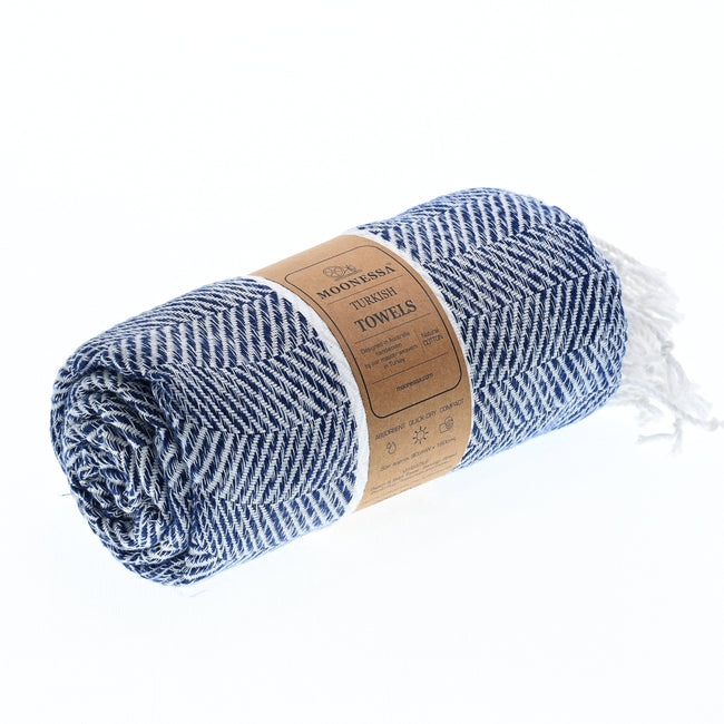 Turkish Towel, Beach Bath Towel, Moonessa Istanbul Series, Handwoven, Combed Natural Cotton, 490g, Navy-White, roll